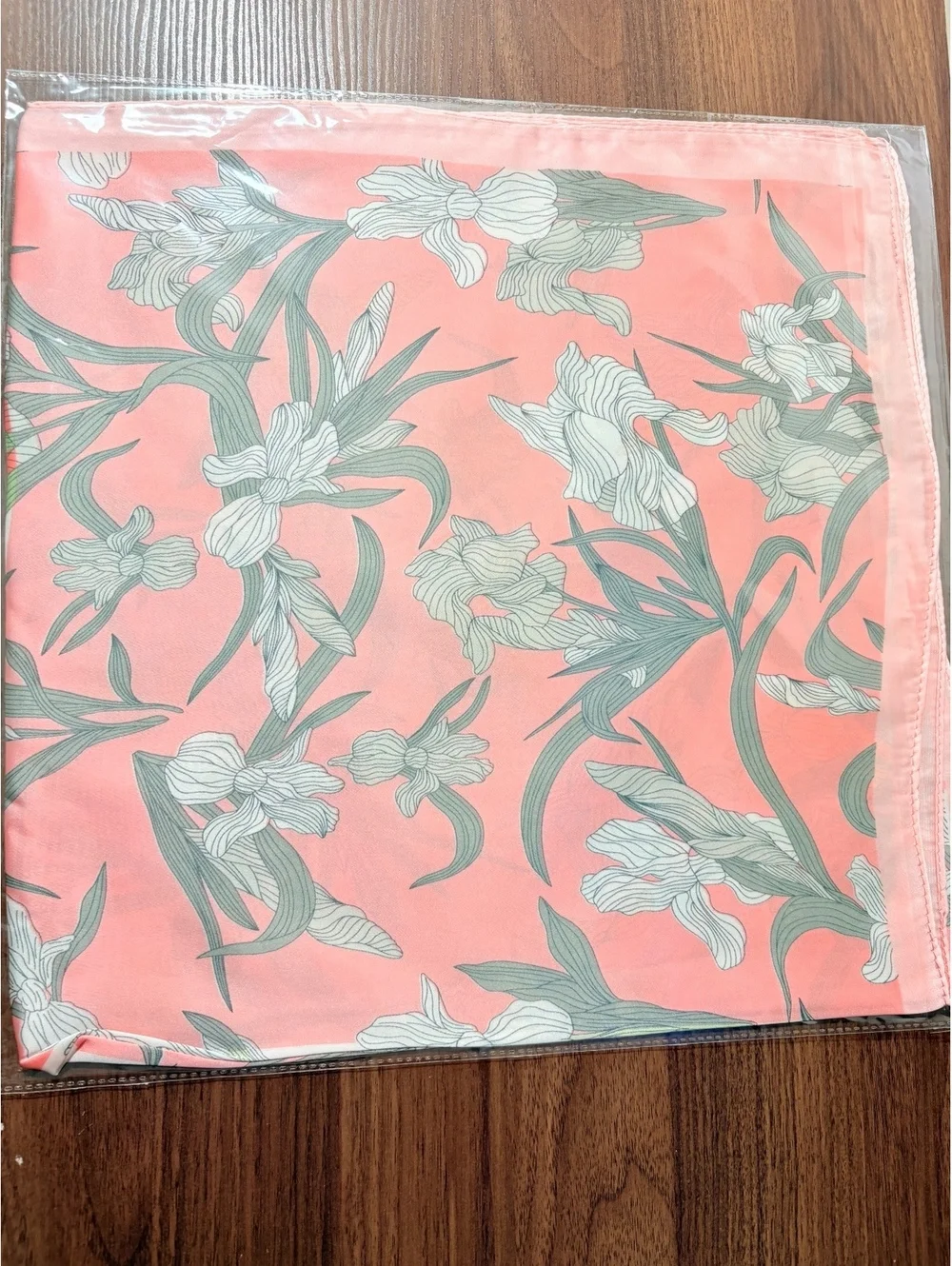 Elegant Satin Polyester Floral Scarf in Coral, White, Green, and Yellow
